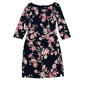 Eliza J. Sheath Dress Women's 12 Navy Blue Colorful Floral Rouched Lined